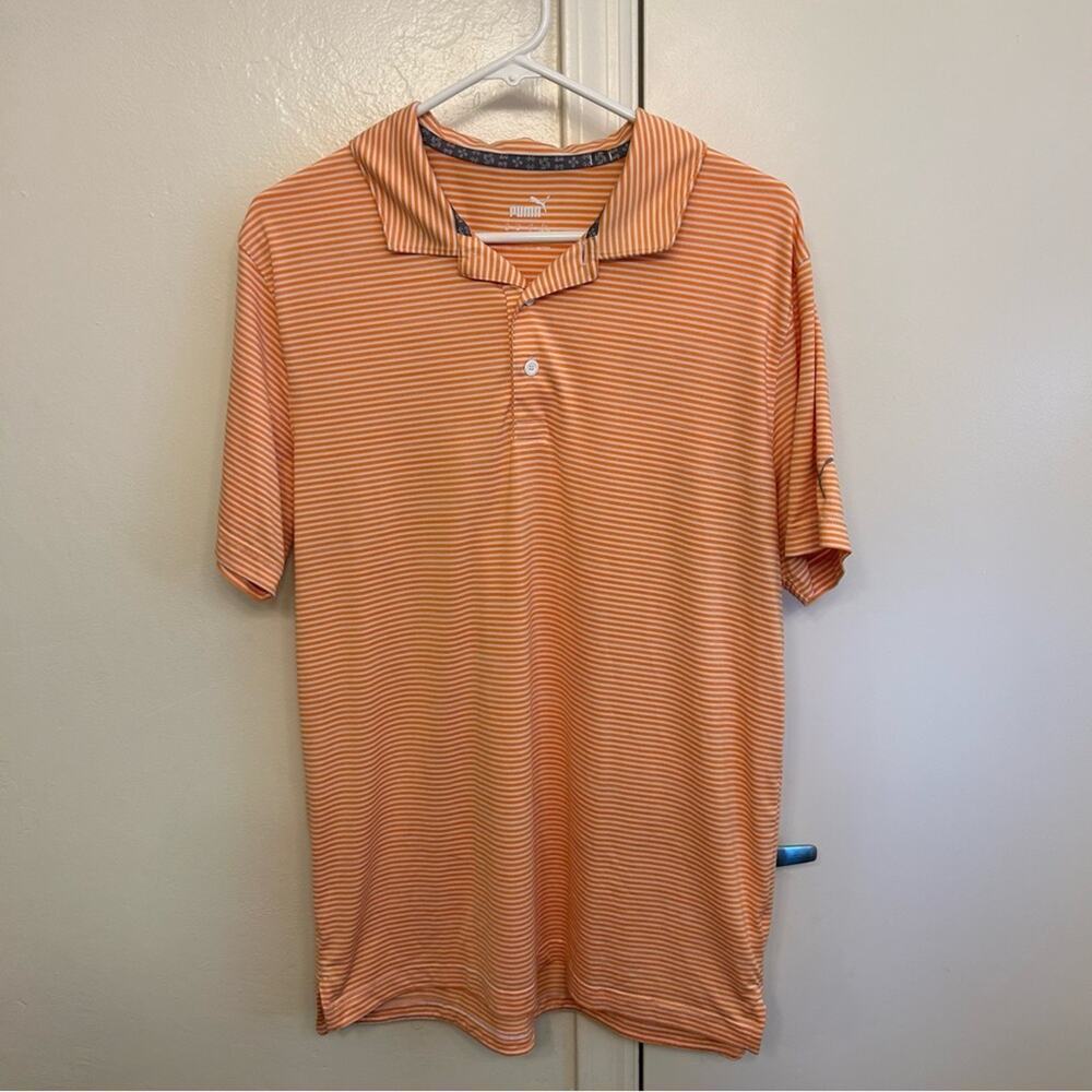 PUMA Golf Men’s Stripe Polo Shirt Medium Orange White Dri-Release Performance